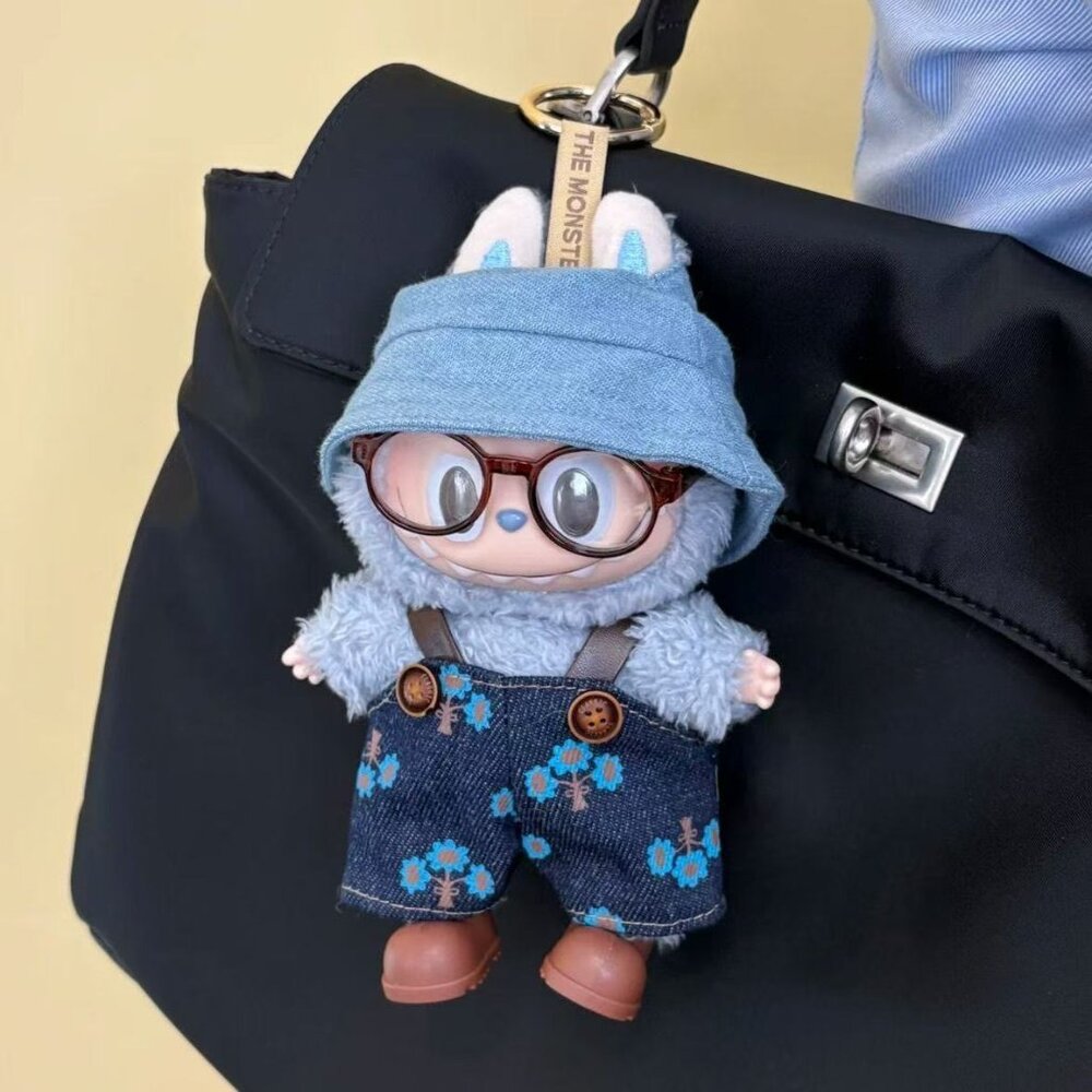 Labubu Doll Clothes Set – 4-Piece Denim Floral Overalls, Blue Bucket Hat, Brown